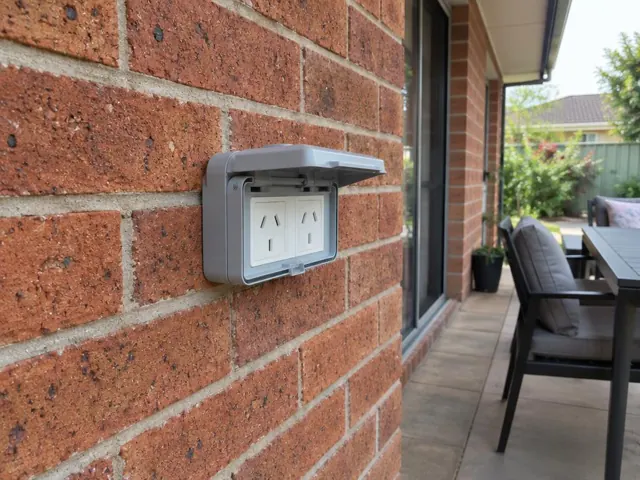 Outdoor double power point with weather cover on a brick house wall beside a patio in Croudace Bay